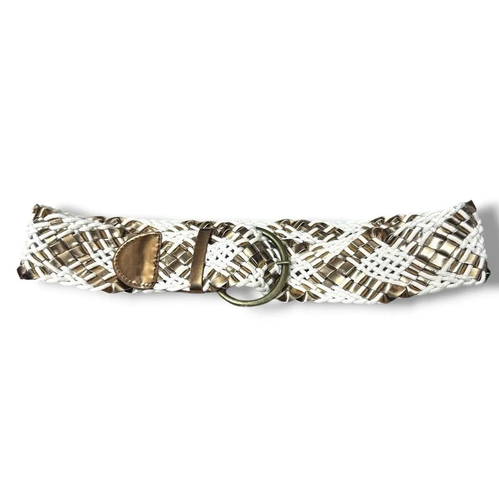 Vintage Y2K thick braided leather white gold and brass wide belt rodeo western M